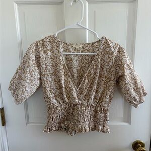 Chic Floral Smocked Blouse - White and Brown